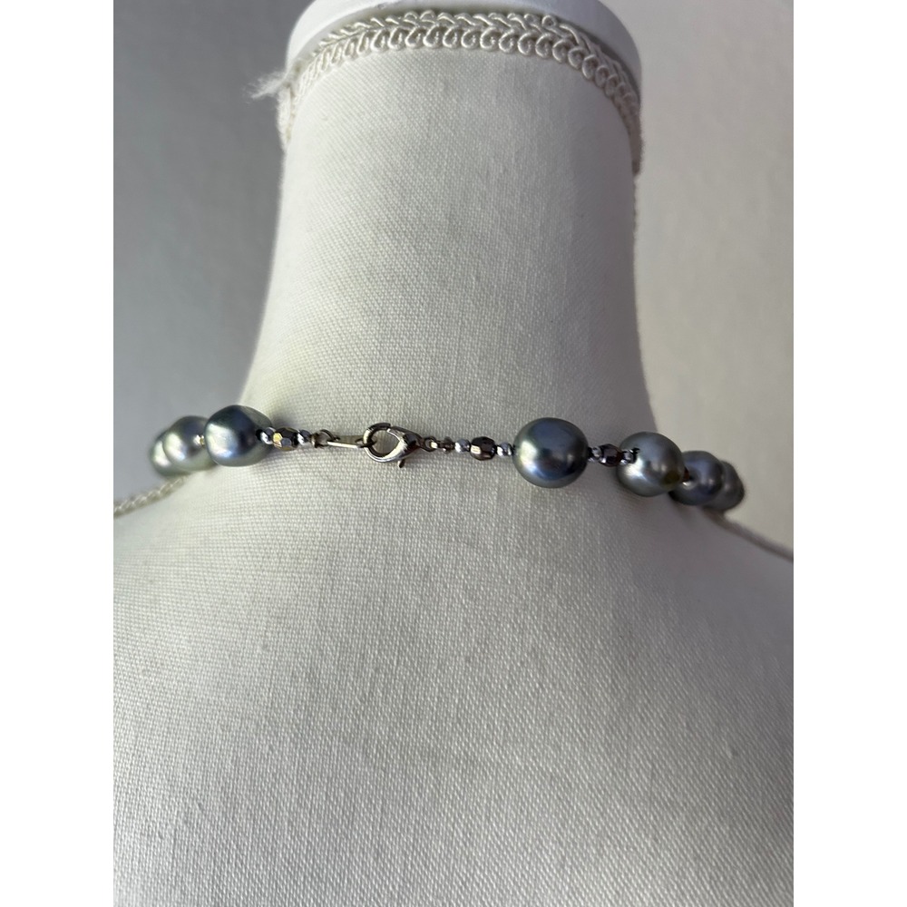 Grey Faux Pearl Beaded Necklace 36 Inch Opera Length Faceted Spacer Beads Silver - Picture 2 of 2